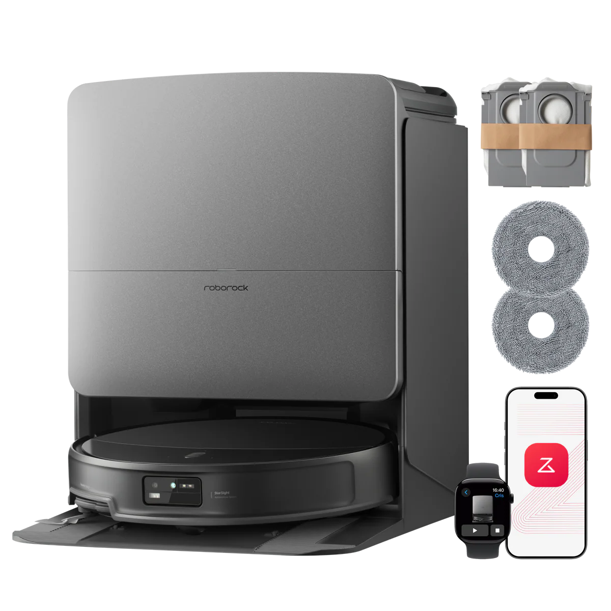 A black robot vacuum shown with its dock.