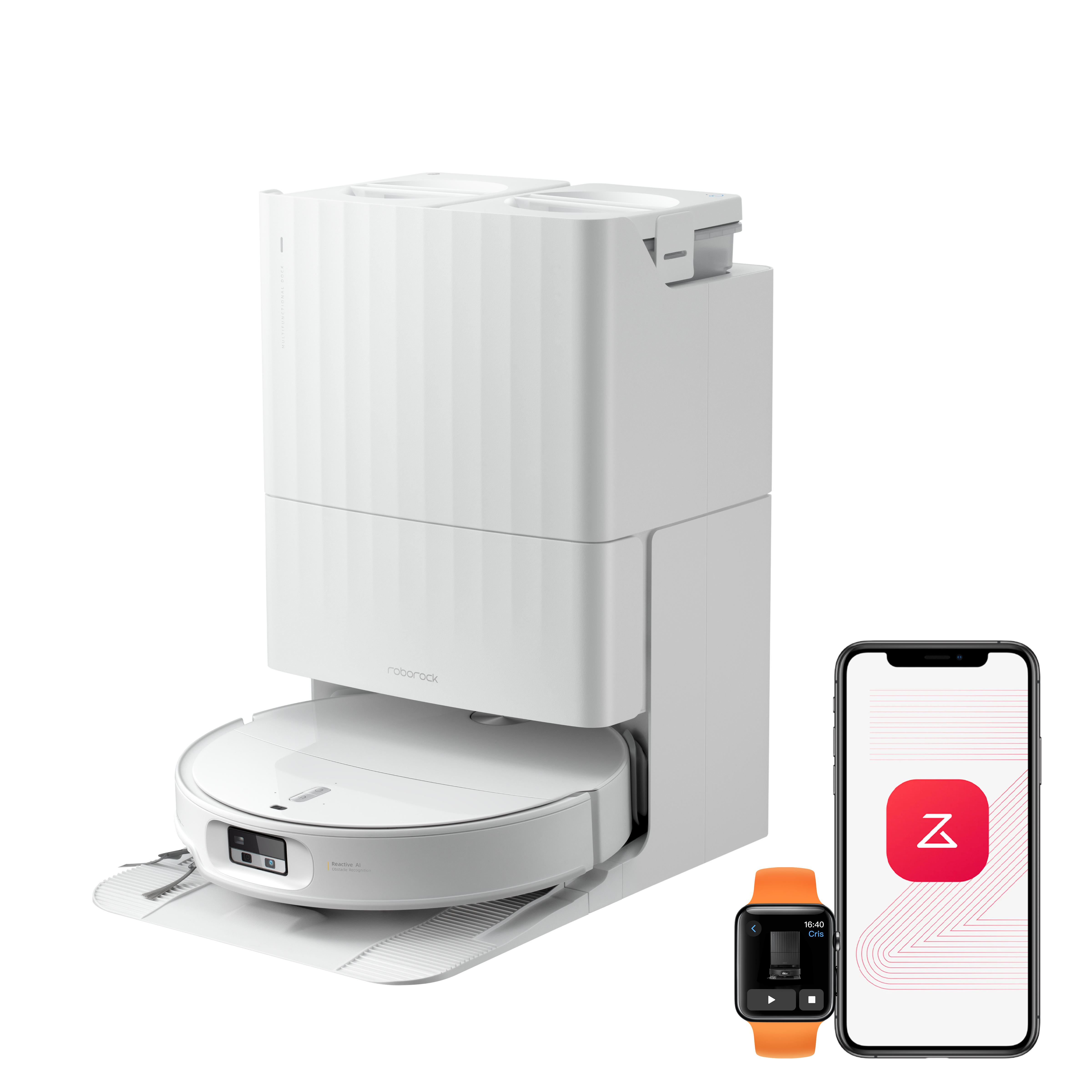 A white robot vacuum beside a matching tall dock.